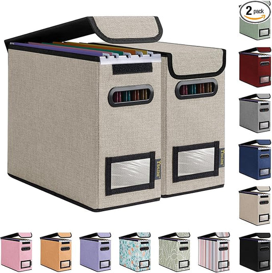 BALEINE File Organizer Box with Lid, Collapsible File Folder Organizer with Plastic Slide, Hanging File Folder Box for Office Document Storage (2 Pack, Beige, S)