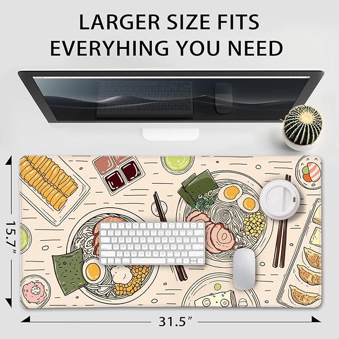 Japanese Ramen Large Gaming Mouse Pad 31.5"x15.7"｜Illustrated Food Pattern XXL Desk Mat, Non-Slip Rubber Base & Stitched Edges - Extended Waterproof Mousepad for PC/Laptop/Office/Home Decor