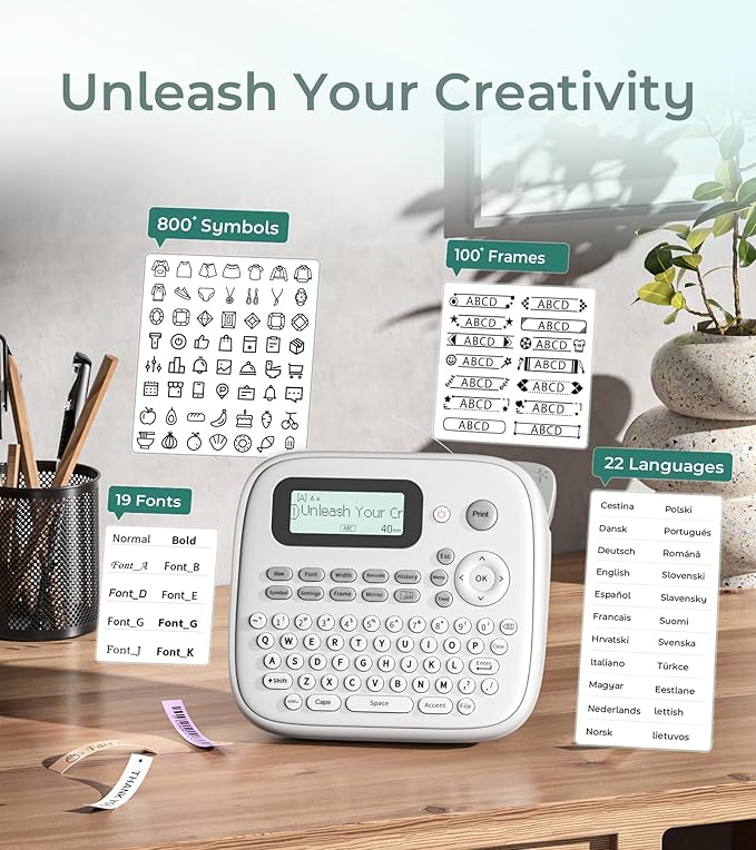 D210s Label Maker Waterproof-Labels, Label Machine with-Tape Laminated 12mm 0.47 White, Portable Labeling Maker with Keyboard & One-Touch-Keys, for Home Kitchen Office School Organization