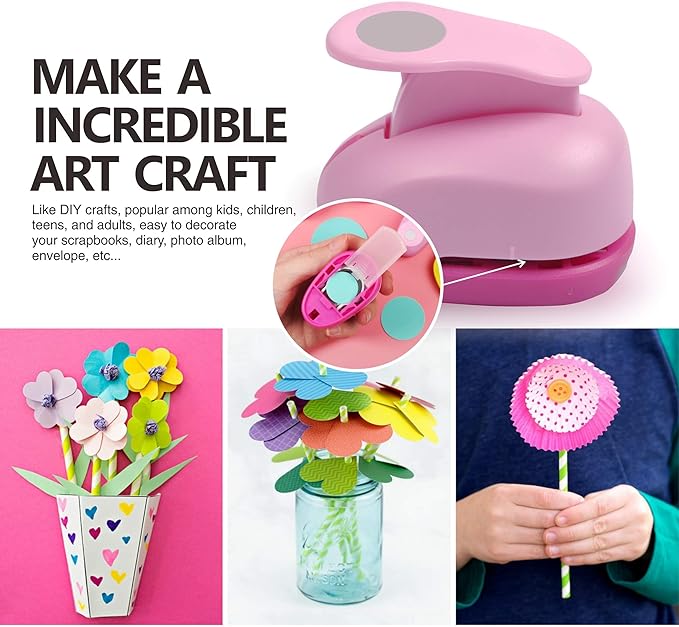 BearBoss 5 Pcs Craft Hole Punch, Handmade Scrapbook Paper Puncher, Different Size of Scrapbooking Punches Crafting Designs for Office Supplies, Card Making, DIY Albums Photos, Pink Color (Circle)