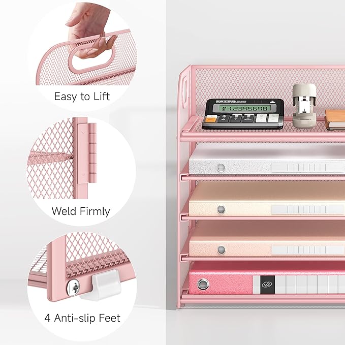 5 Tray Paper Organizer Letter Tray with Handle - Mesh Desk File Organizer, Paper Sorter Organizer for Office, Home or School File Folder Holder - Pink