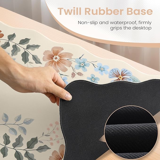 HAOCOO Scalloped Desk Matt for Desktop, Non-Slip Mouse Pad, Washable Cute Desk Pad Mat, Floral Keyboard Mat with Edge Stitching, Large Mouse Mat for Office Aesthetics, Home Decor(Beige)