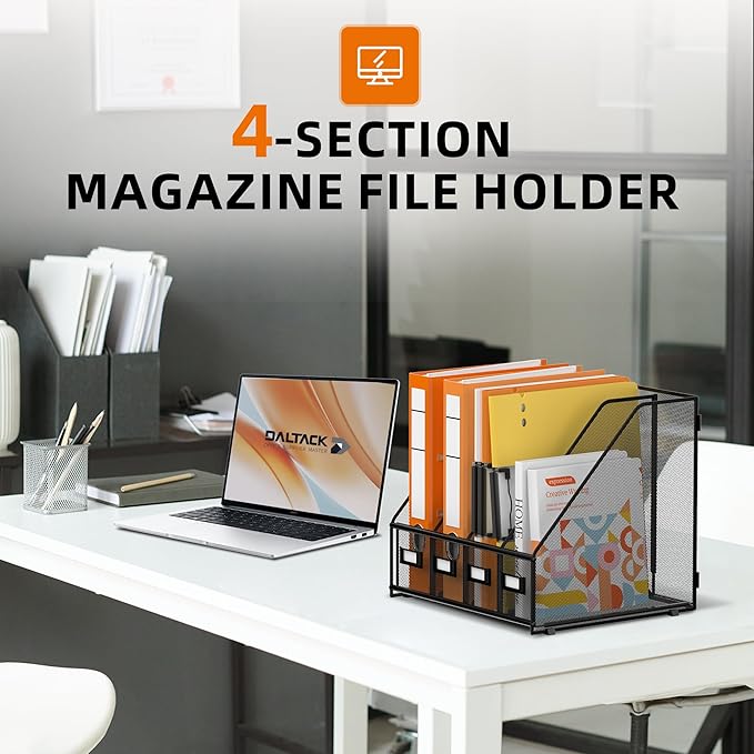 DALTACK Desk Organizers Metal Magazine File Holder with 4 Vertical Compartments Folder Storage Binder Organizer for Office Home School Organization, Black