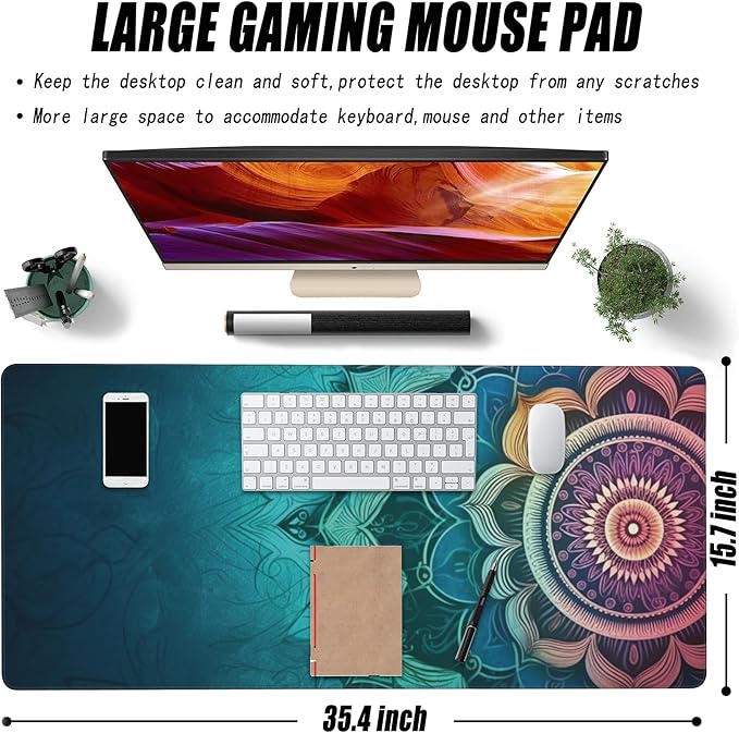 Desk Mat, Vintage Mandala Flowers Extended Large Gaming Mouse Pad XXL, Non-Slip Rubber Base Stitched Edges Long Computer Keyboard Desk Pad Mouse Mat for Home Office Gaming 35.4"X15.7"