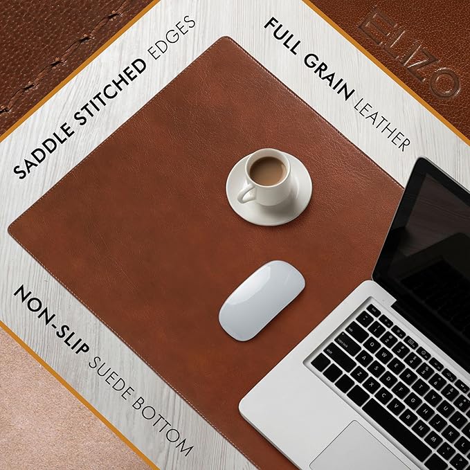 Elizo Leather Desk Mat Desk Pad Blotter Set - Real Full-Grain Leather (32x16) 2-Layer Genuine Desk Cover Protector & Large Mouse Pad | Computer Keyboard Desk Accessories for Office & Home
