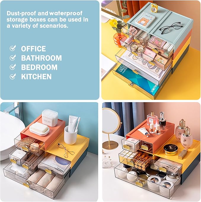 2 PACK Desk Organizer with Drawer Stackable Storage Drawer Small Desktop Drawer Plastic Clear Desk Organization Storage Box for Accessories, Markers, Clips, Cables (White,M-2 Drawer,Pack of 2)