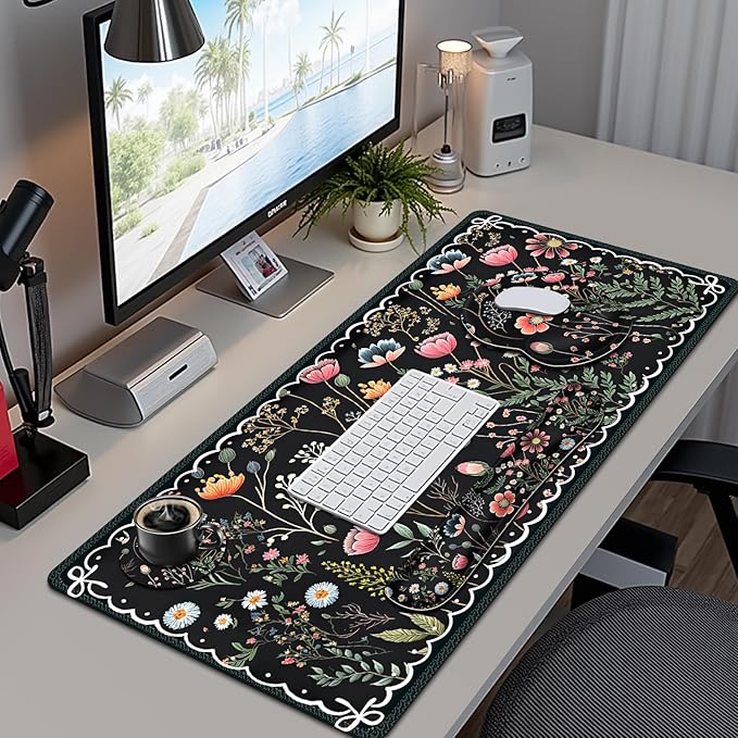 Flower Desk Mat, 4in1 Large Mouse Pad with Wrist Rest, Desk Matt for Desktop, Desk Pad Mat, Anti-Slip XXL Computer Ergonomic Mousepad with Wrist Support for Keyboard and Mouse I Black Florals Weeds