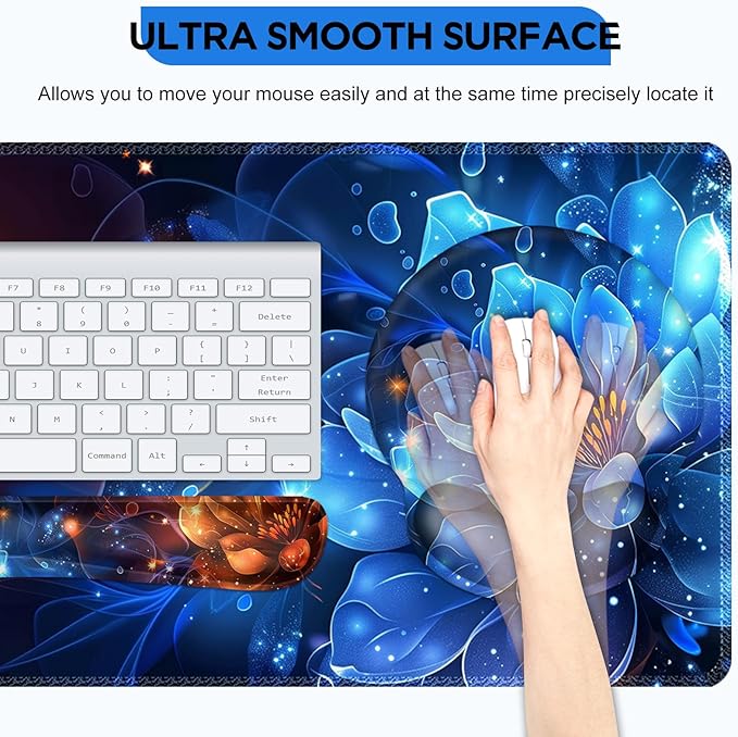 AIMSA Desk Mat Set, Large Gaming Mouse Pad with Wrist Rest, Ergonomic Mouse Pad and Keyboard Mat Wrist Support for Home Office Desk Accessories Decor -Fire and Ice Flower