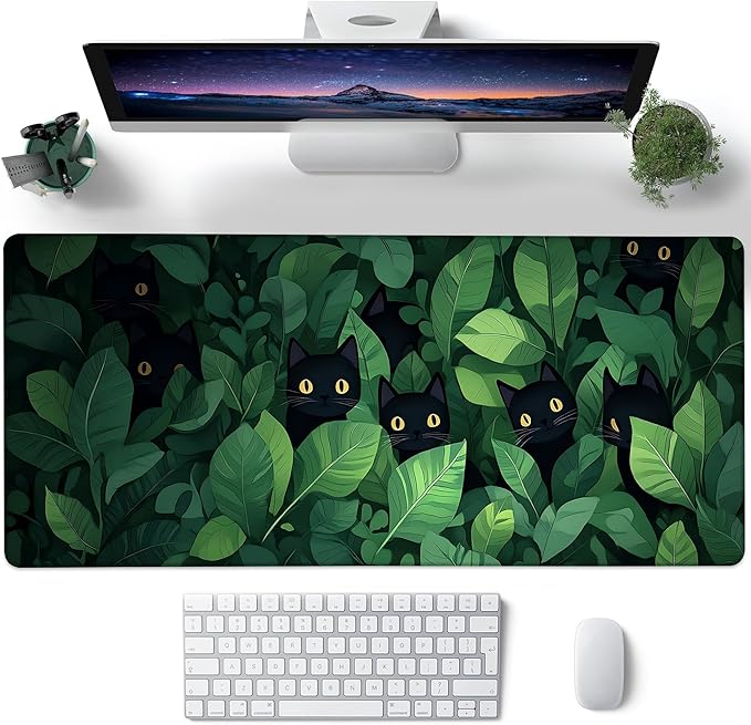 Desk Pad, Cute Anime Cats in Green Leaves XXL Gaming Mouse Pad with Stitched Edges,Non-Slip Waterproof Rubber Base Large Desk Mat for Keyboard and Mouse 35.4"x15.7"