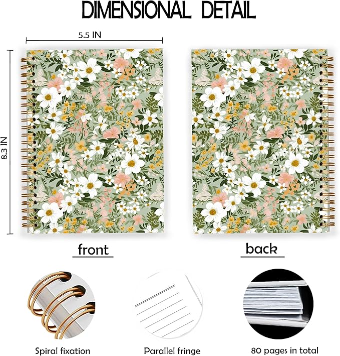 Sage Green Floral Spiral Notebook, Cottagecore Daisy Flower Notebook for Note Taking, Wildflower Aesthetic Botanical Journal for Writing, 5.5x8.3 Inch