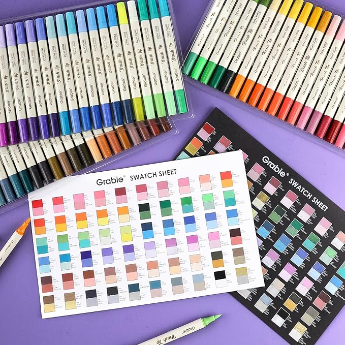 Grabie 120 Colors Dual Tone Brush Tip Acrylic Markers, Dual-Color Paint Markers with 60 Brush Tips, Double Tipped Acrylic Paint Pens for Fabric, Canvas,DIY, Canvas Art Supplies, Set of 60