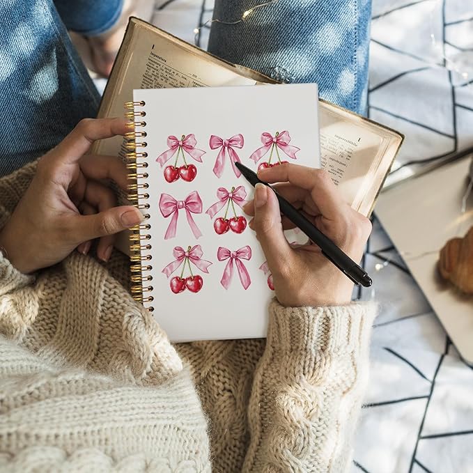 Cute Notebook, Cherry Coquette Pink Bow Notebook Gifts for Women Girls, Girly Stuff Hardcover Spiral Notebook Journal 8.3x5.5 Inch