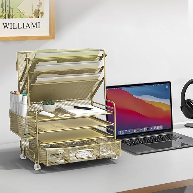 4-Tier Paper Organizer + 3-Pocket File Holder + Drawer + Pen Holders, Desktop File Organizers Paper Tray for Office Supplies School Classroom Organization (Gold, with Drawer & Pen Holder)