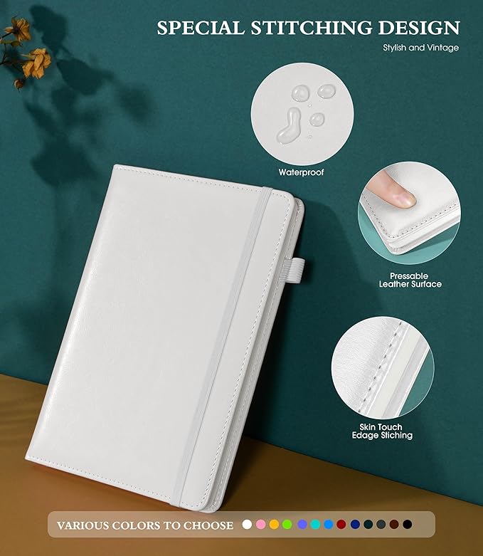 Lined Journal Notebook for Writing, A5 100 GSM Thick Paper, Leather Hardcover Journal for Woman Men, Travel Journal Diary 160 Pages(5.75'' X 8.38'' White)