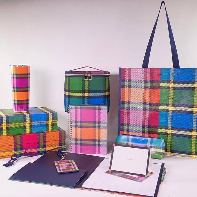 kate spade new york Pen and Pencil Case with Office Supplies, Zip Pouch Includes 2 Pencils, Sharpener, Eraser, and Ruler, Grand Plaid Duo
