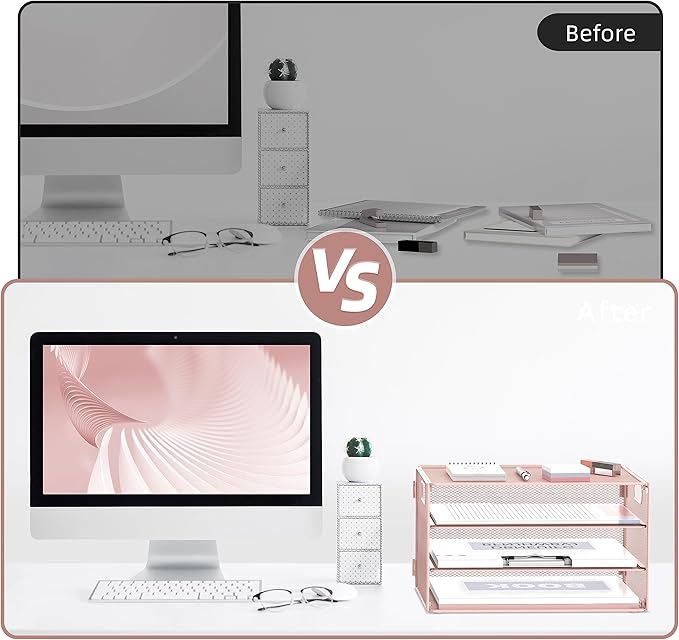 DALTACK 3 Tier Letter Tray Paper Organizer with Handle, Mesh Desk File Organizer, Paper Tray Desk Organizer for School Office Home, Metal Mesh, Pink