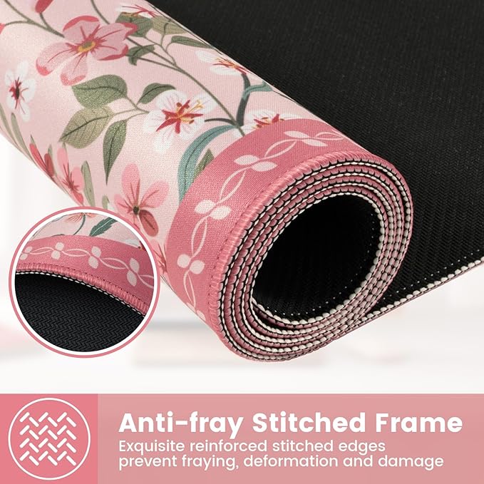 HAOCOO Rose Desk Pad Mat Floral, Cute Desk Matt for Desktop, Non-Slip Large Mouse Pad with Edge Stitching, Waterproof Keyboard Mat for Gaming, Office, Women Office Aesthetics