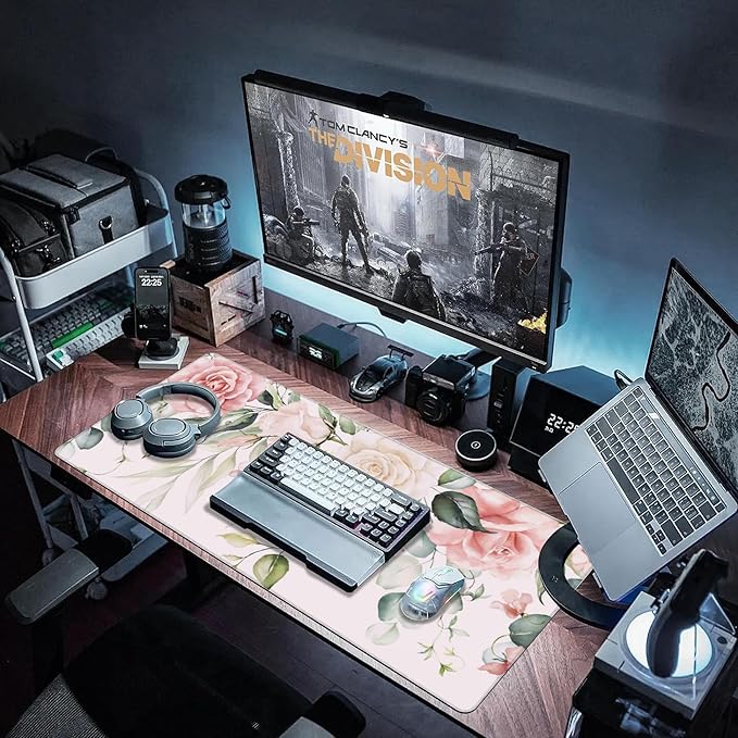 Desk Pad, Pink Watercolor Flowers and Green Leaves Extended Large Gaming Mouse Pad XXL, Large Desk Mat for Desktop with Non-Slip Rubber Base Stitched Edges for Home Office Gaming 35.4"X15.7"