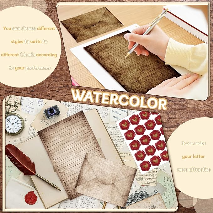 TaoBary 160 Pcs Stationery Paper Set 50 Double Sided Stationery Papers with 50 Matching Envelopes and 60 Round Dot Sticker, 10 Design(Vintage,8.5 x 11 Inch)