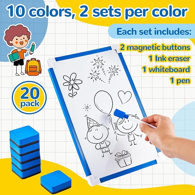 Colarr 20 Set Back to School Classroom Supplies Dry Erase Mini White Boards 8'' x 12'' Small Magnetic Whiteboard for Students Wall Hanging Double Side for Educational, 20 Eraser, 20 Markers, 40 Magnet