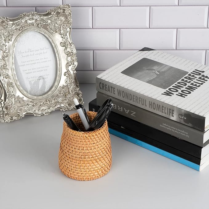 Handmade Rattan Pencil Holder, Pen Holder, Wicker Makeup Brush Holder, Makeup Holder, Pencil Cup, Desk Cup Holder, Toothbrush Cup for Small Items, Office & Home Desktop Organizer