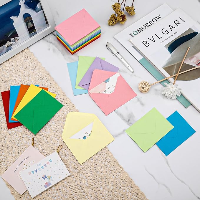 100 Pack 4 x 2.75" Colorful Mini Envelopes 120GSM Gift Card 10 Color Envelopes Bulk Small Paper Gift Card Sleeves Greeting Card Business Card Tiny Envelope Pockets for Card & Invitation