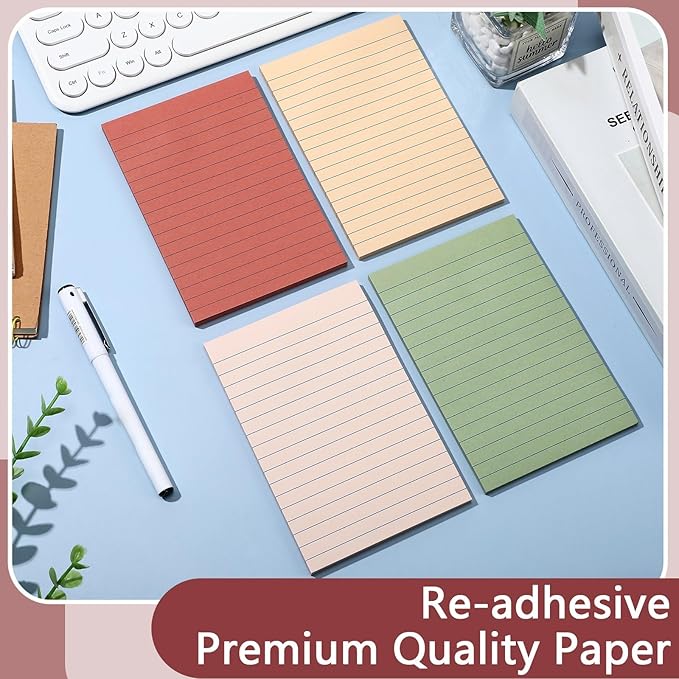 12 Pads Retro Color Boho Sticky Notes 4x6 with Line, Lined Self Stick Notes Pads Boho Office Supplies, Vintage Aesthetic School Accessories 50 Sheets/pad