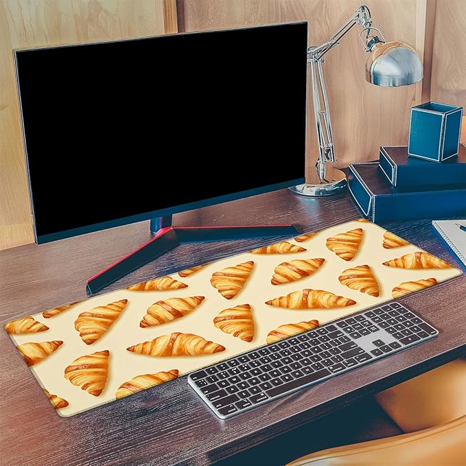Delicious Croissant Gaming Mouse Pad, Extended Cute Bakery Food Desk Mat Computer Laptop Mousepad, Robust Stitched Edges, 31.5"×11.8" Large Office Keyboard Mouse Pads for Home Desktop Decor