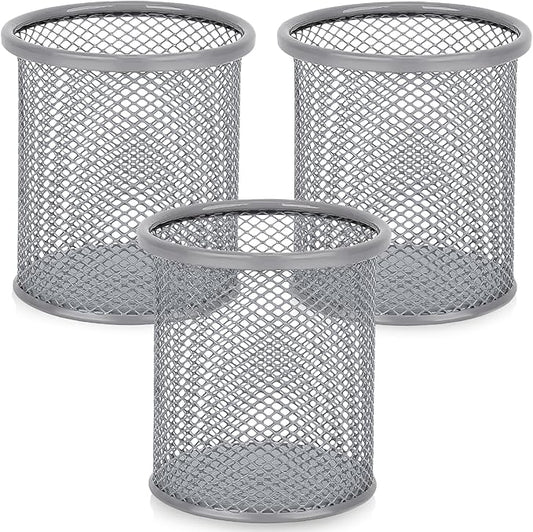 Segarty Pen Holder for Desk, 3 Pack Round Silver Pen Holder, Wire Mesh Pencil Cup Holder Containers Set, Desktop Organizer for Office Supplies, School Classroom, Home, Makeup Brush