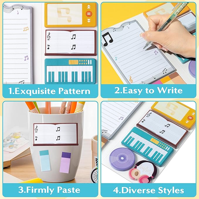 B1ykin Sticky Notes Set, Cartoon Theme Cute Self-Stick Notes Pad Teacher Appreciation Gifts， Self-Adhesive Writing Memo Pages Sticky to Do Notepad Thank You Gift for School Classroom (Music Teacher)