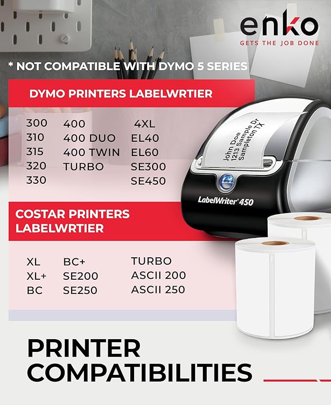 enKo Compatible Zebra 4x6 Label and Dymo Labels 1744907 - (4" x 6") Blank White Address and Shipping Labels for Dymo Labelwriter 4XL Shipping, Zebra & Desktop Direct Thermal Printers (10 Rolls, 2200)