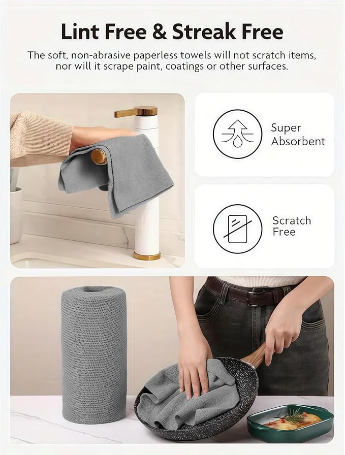MRIGHT Gray Microfiber Cleaning Cloths Roll, 12x12 Inch, 60 Sheets-2 Rolls, Reusable, Machine Washable, Super Absorbent, Lint Free, Tear Away Design (2)