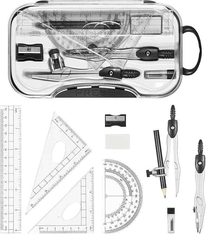 10 Pieces Math Geometry Kit Set Student Supplies with Shatterproof Storage Box,Includes Rulers,Protractor,Compass,Eraser,Pencil Sharpener,Lead Refills,Pencil,for School and Drawings（Black）