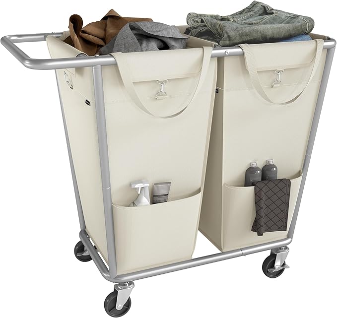 SONGMICS Laundry Basket with Wheels, 50.2 Gallons (190 L), 2-Section Rolling Laundry Hamper with Removable Bags, Heavy-Duty Steel Frame with Handle, Cream White URLS009W01