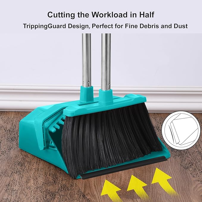 Upgrade Broom with Dustpan Combo Set, Broom and Dustpan Set with 51'' Long Handle, Large Upright Brooms and Dust Pans, ZeroGap Lip, Self-Cleaning Dustpan Teeth for Lobby and Restaurant - Blue
