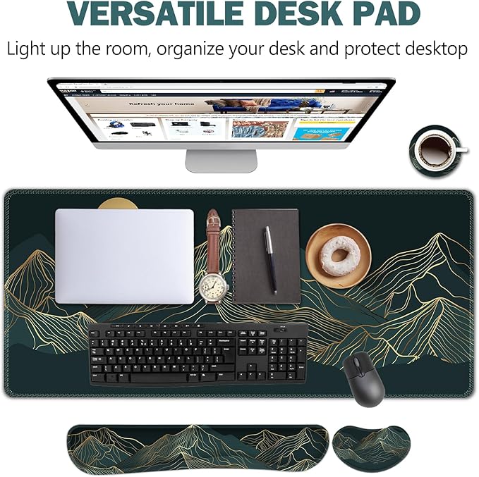AIMSA Keyboard & Mouse Pad Set, Extended Desk Mat + Ergonomic Mouse & Keyboard Wrist Rest Support, 35x15.7in Abstract Gold Sun Mountain