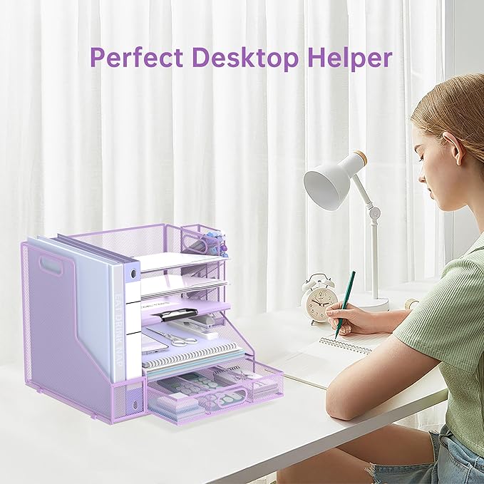SUPEASY Desk Organizer with File Holder, 5-Tier Mesh Paper Letter Tray Organizer with Pen Holder and Drawer, Desktop Organizer and Storage with 3 Tilted File Sorter for Office Supplies, Purple