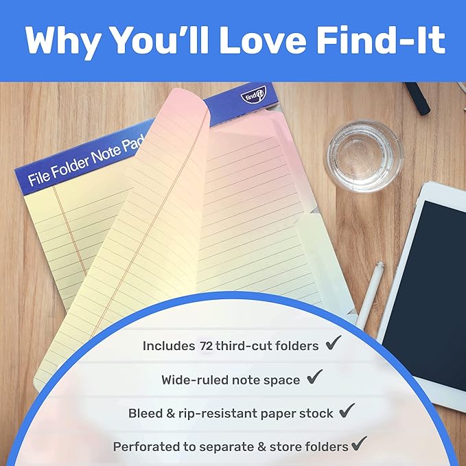 Find It File Folder Notepad - Pack of 72-9.5 x 12.5 Inch Notebook Organizer Folders for Filing, Document, and Clipboard Organization - Rainbow