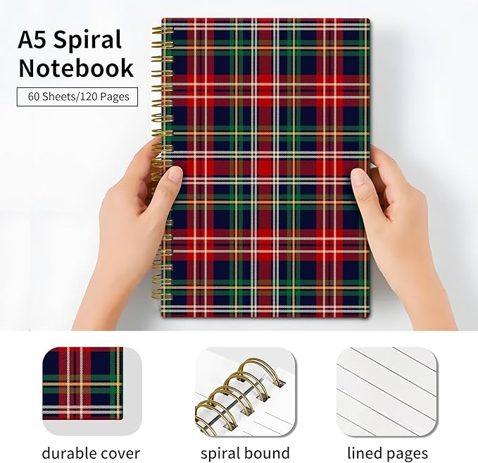 Spiral Journal Notebook, Hardcover Lined Journal for Women, Medium 6 x 8.4 in, 120 Pages Thick Paper, College Ruled Notebook for Writing, Work, Office, and School,Colorful Plaid Tartan