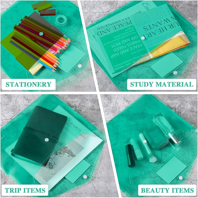 Lincia 24 Pcs Plastic Envelopes A4 Size Poly Envelopes File Folders Work Document Holder Office Paper Plastic File Organizer with Label Pocket Snap Button Home File Bag for School (Clear Green)