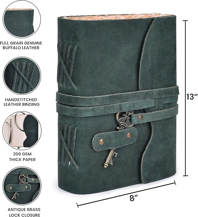 LEATHER VILLAGE Vintage Leather Journal – 200 Handmade Vintage Deckle Edge Paper – Leather bound Journal For Women Men – Vintage Key Closure - Book of Shadows - Turquoise - 13X8 inches