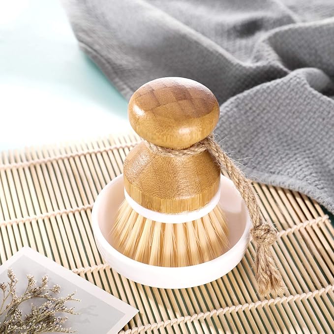 Boao 3 Pieces Bamboo Dish Scrub Brush Natural Wooden Kitchen Cleaning Scrubbers Durable Bamboo Palm Household Pot Scrubber Brush and 1 Holder for Dishes Pots Pans Kitchen Sink Cleaning