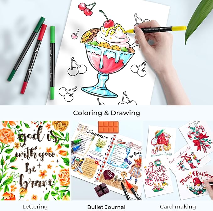 Ohuhu Markers for Adult Coloring Books No Bleeding 160 Colors Water-based Dual Tips Fineliner & Brush Coloring Markers for Kids Adults Beginners Drawing Pens for Journaling Lettering - Maui - Black