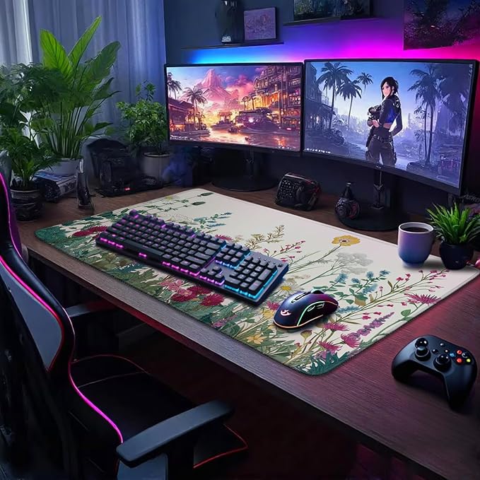Wildflower Garden Large Gaming Mouse Pad 31.5"x15.7"｜ XXL Desk Mat, Non-Slip Rubber Base & Stitched Edges - Extended Waterproof Mousepad for PC/Laptop/Office/Home Decor