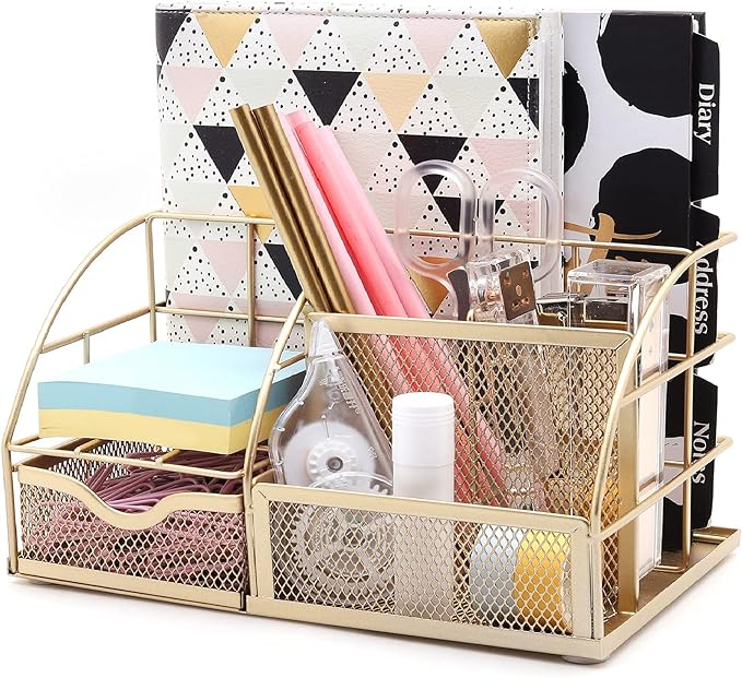 Exerz Desk Organizer Golden Office Desk Accessories Supplies Office Storage Desktop Pencil Pen Holder with Drawer Home Workspace