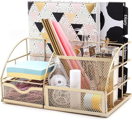 Exerz Desk Organizer Golden Office Desk Accessories Supplies Office Storage Desktop Pencil Pen Holder with Drawer Home Workspace