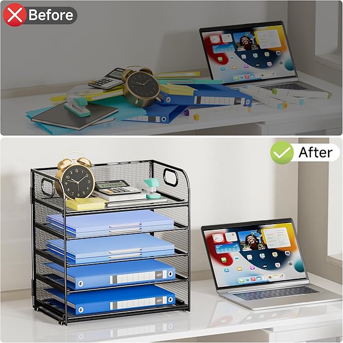 Paper Organizer for Desk Accessories & workspace 5 Tier Organizers Organizer with Handle Letter Tray Mesh Paper Sorter Desk Organizer for Office Home Supplies-Black