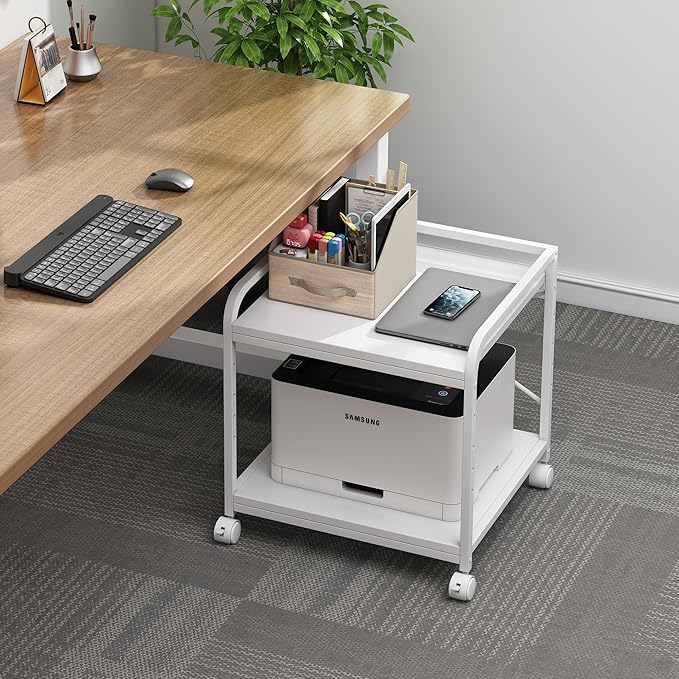 20 Inches Deep Large Printer Stand, 2 Tier Under Desk Printer Table with Height Adjustable Shelf, Rolling Printer Cart with Wheels for Home Office Storage - White