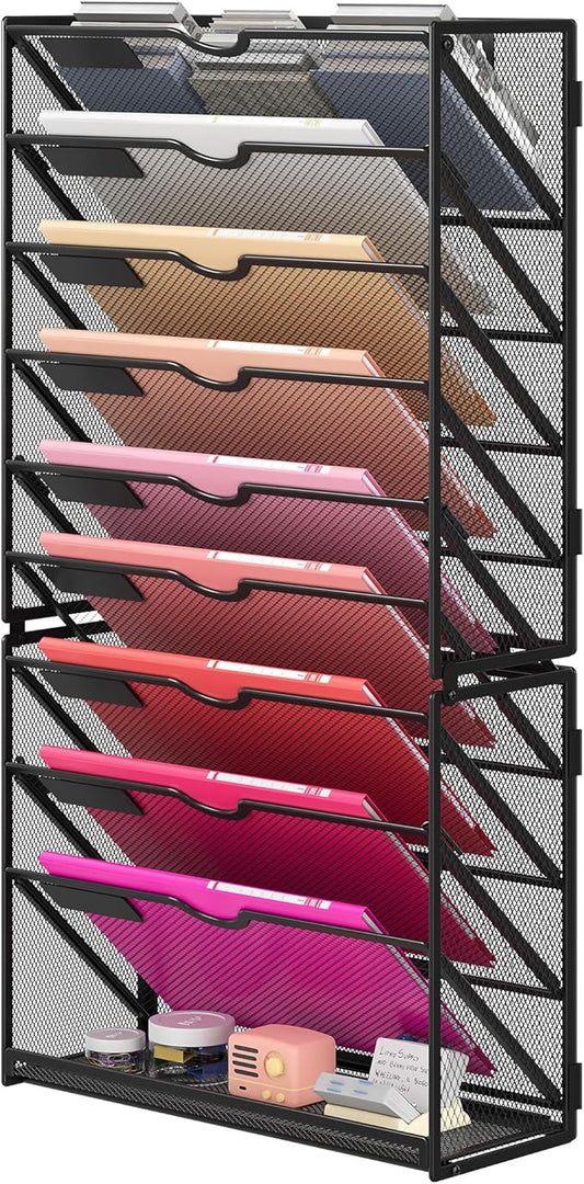 Lavatino 10-Tier Hanging Wall File Folders Organizer - Black Metal Mesh Paper Magazine Document Mail Holder File Organizer for Office School Home Wall Mount or Desk Supplies Organization