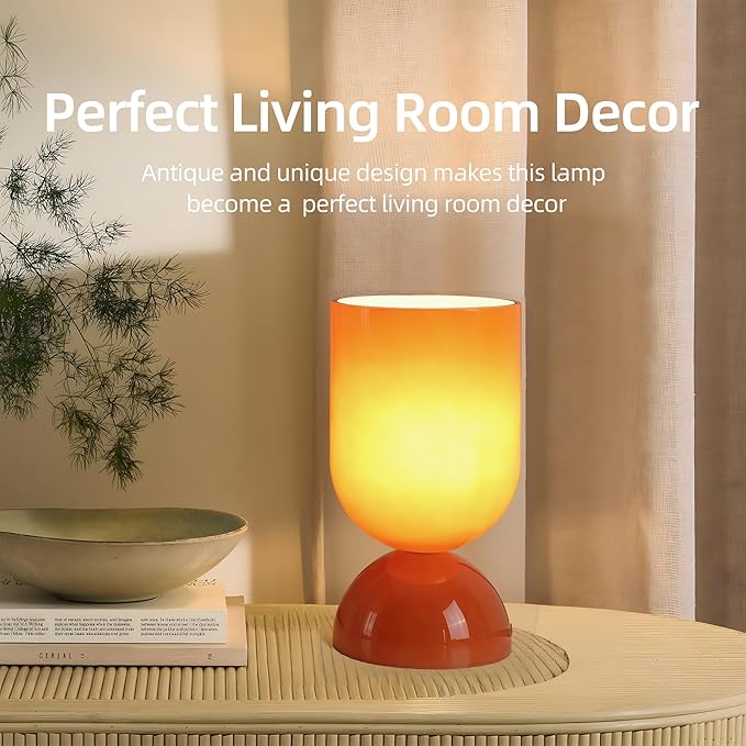 8.9" Modern Glass Table Lamp for Living Room, Dimmable Desk Lamps for Bedroom, UL Listed Nightstand Lamp with Dome Base, End Table Lamps for Kids Room, Side Tables, College Dorm, Office, Glossy Orange